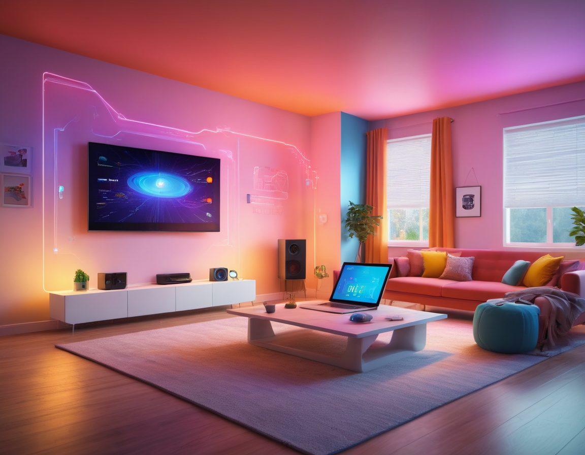 A modern home with various devices like laptops, smartphones, and smart TVs connected to a glowing, ethereal Wi-Fi signal. The scene showcases a family joyfully engaging with technology, with charts and graphs depicting internet speed and connectivity floating around them. Bright colors evoke a sense of seamlessness and connectivity. futuristic style. vibrant colors. 3D.