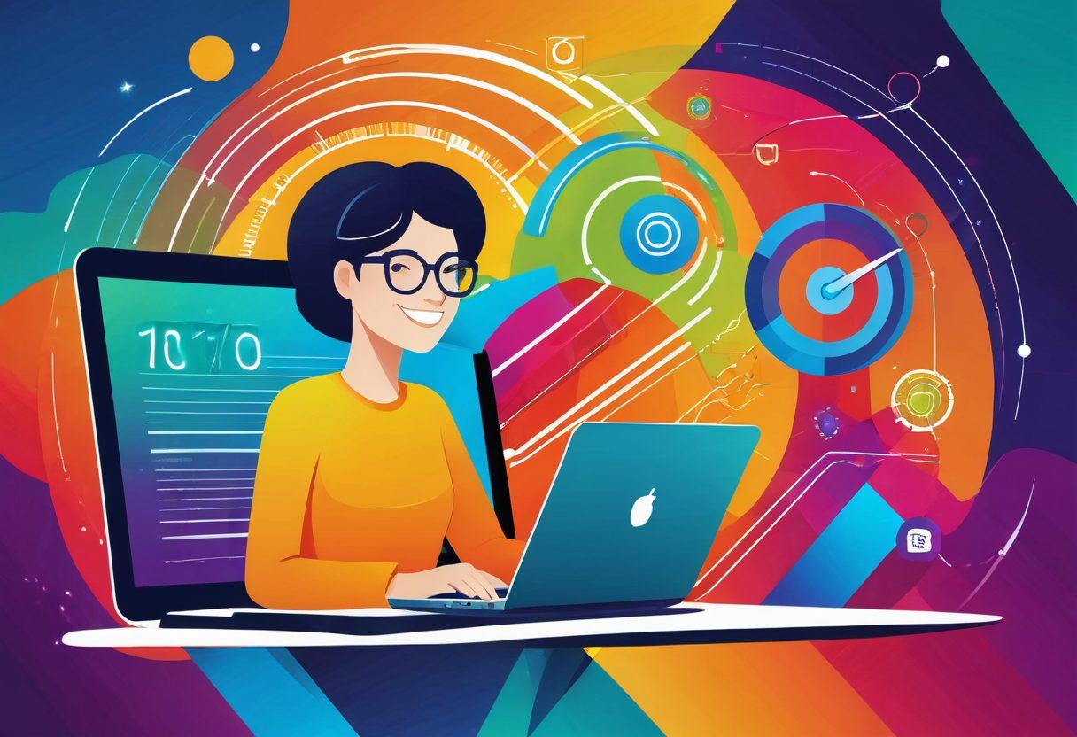 A vibrant digital landscape filled with various online elements like a speedometer, a smiling face using a laptop, and colorful graph lines representing internet performance metrics. The background should feature abstract representations of connectivity, like swirling data streams and cloud icons, creating a joyful and engaging atmosphere. The illustration should evoke a sense of exploration and happiness while emphasizing the theme of evaluation in the online realm. vector art. vibrant colors.